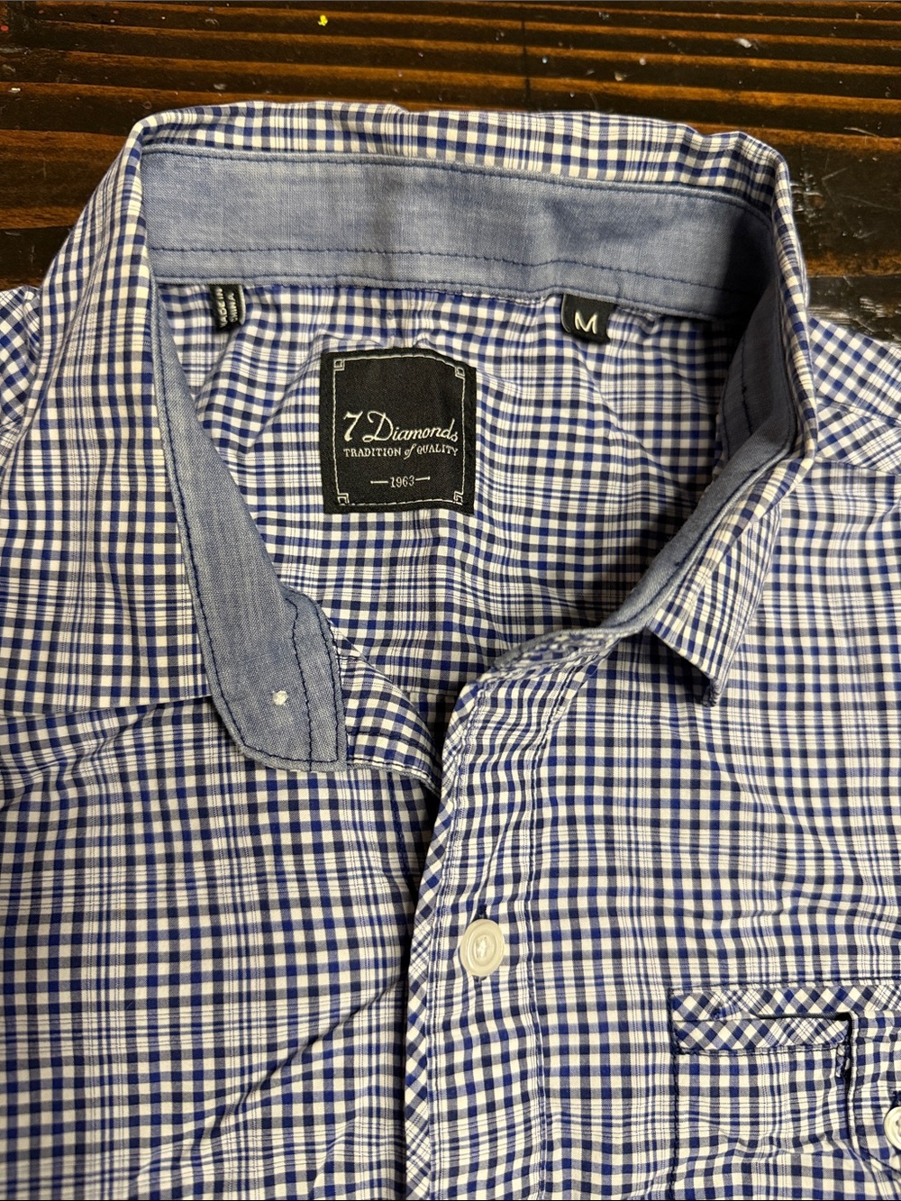 7 Diamonds Men's Navy and White Gingham Button-Down Shirt